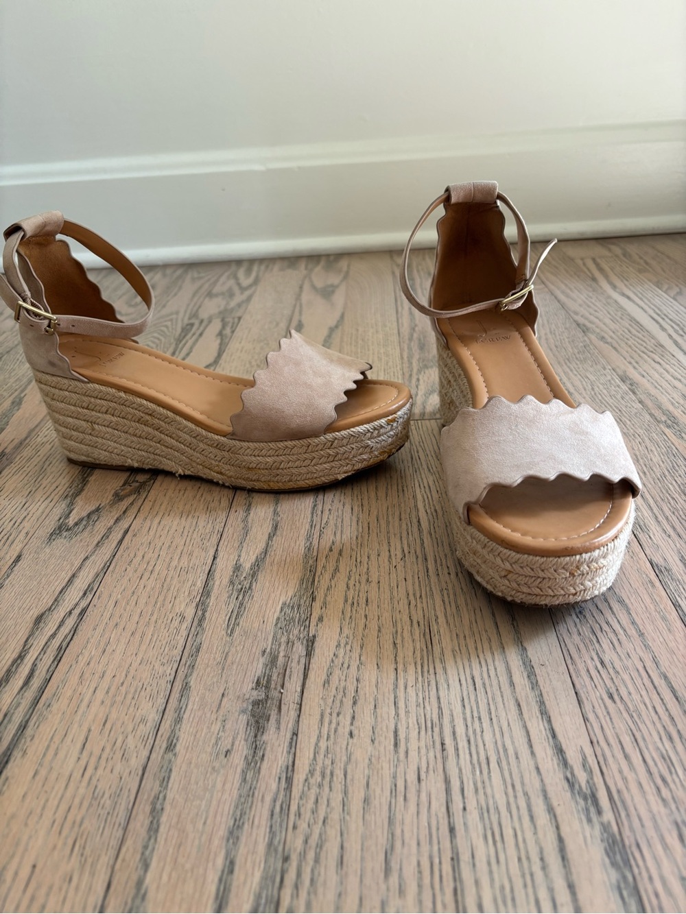 J. Crew Scallop Toe Ankle-Strap Espadrille Wedges - Nude